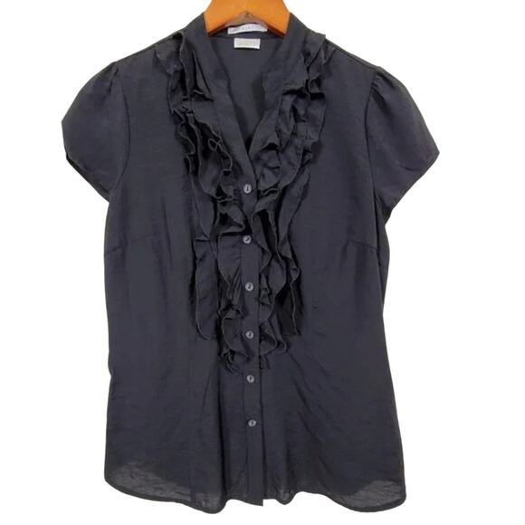 Van Heusen Studio Blouse Black Ruffle Button Front Women Size S Short Sleeve - Picture 1 of 5